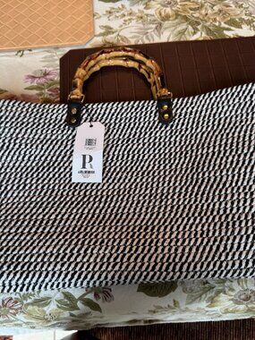 Pia Rossini Purse Narina Bag Bamboo Handle Black/White New wi Tags 20"x11"x4"